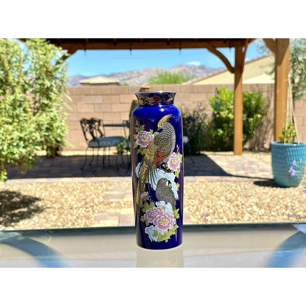 Vintage Japanese Kutani Cobalt Blue Porcelain Vase - Pheasant & Peony Motif